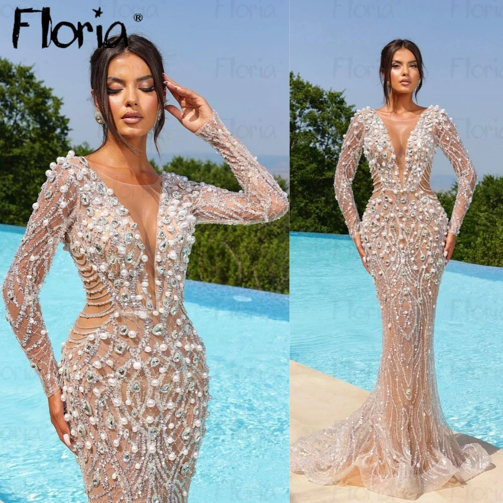 Dubai Luxury Evening Dresses com pescoço e pérolas frisadas, vestido longo sereia, vestidos formais de baile, festa de celebridades, mais novo