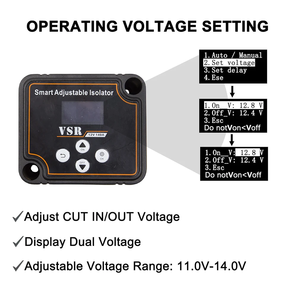 12V 140A Dual Battery Smart Isolator Split Charge Voltage Sensitive Split Charge Relay LCD Display VSR Car Relay Voltage Setting