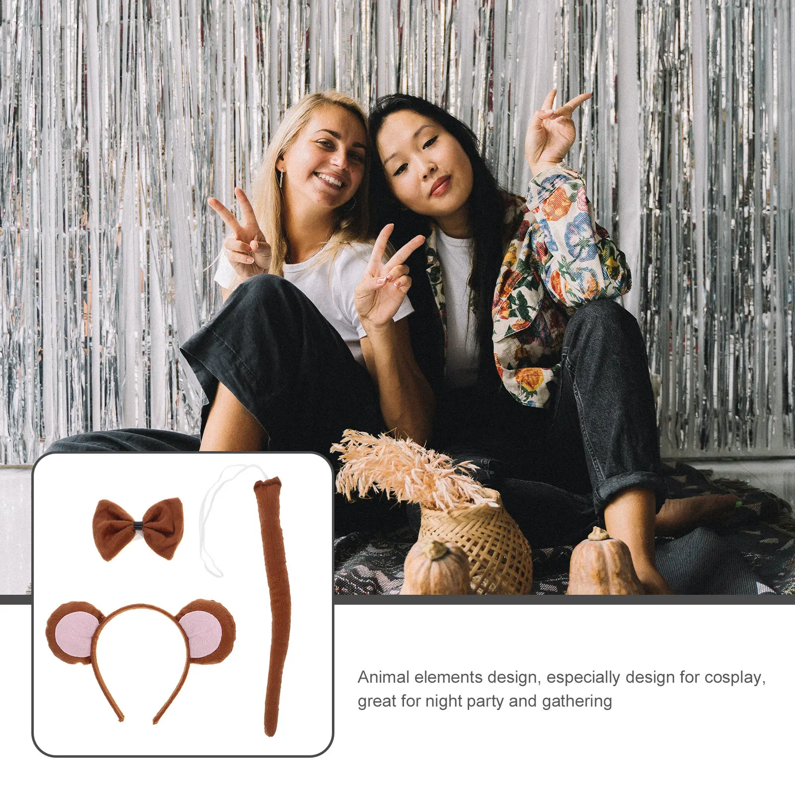 

Набор праздничных аксессуаров: повязка на голову с ушками обезьяны, хвост и галстук-бабочка для Хэллоуина, Пасхи, Нового года, костюмов и косплея