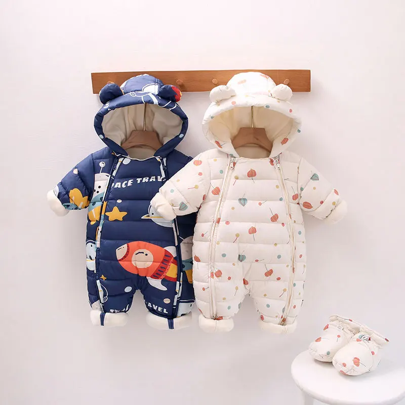 2024 Winter Warm NewBorn Baby 3M 6M 9M 12M 18M 24M Toddler Kids Plus Velvet Jumpsuit Pattern Thick Boys Girls Rompers With Shoes