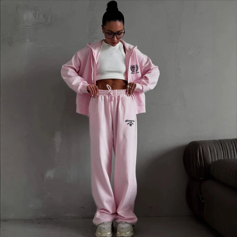 

2025 Autumn New Zipper Hoodie and Cotton Embroidered Pants Women's Two Piece Set