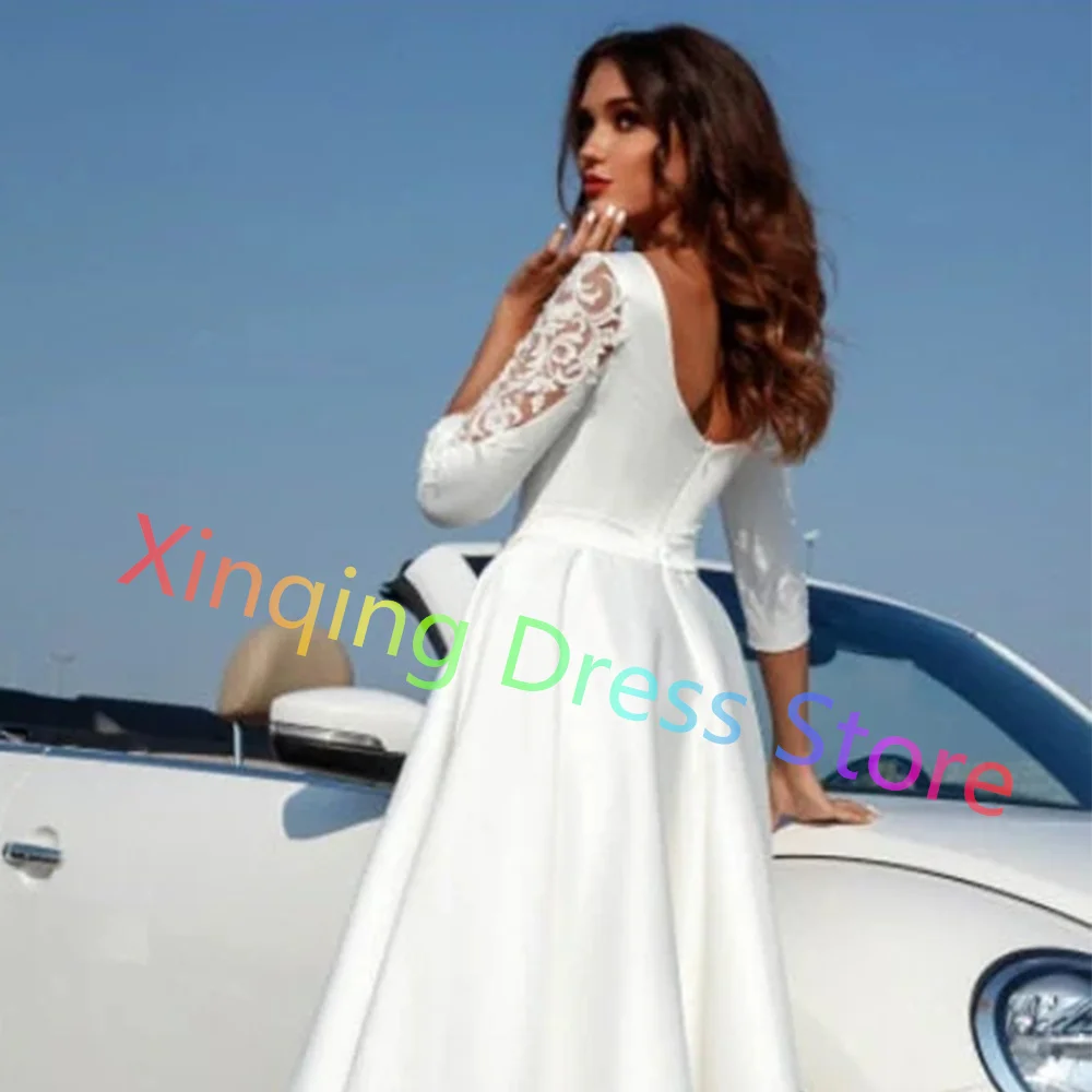 Customized Minimalist White Short Wedding Dresses Elegant Tea Length Scoop Appliques 3/4 Sleeves Bridal Gowns Zipper Back Woman