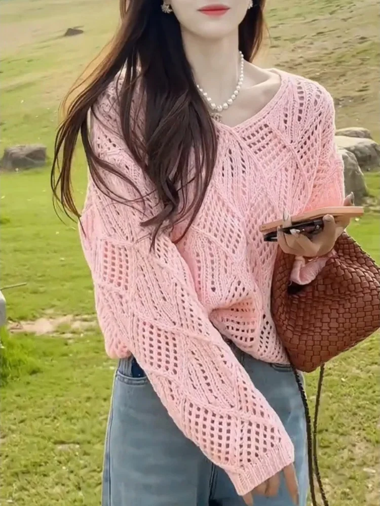 

Autumn Loose O-neck Long Sleeve Women Solid Pullover Sweater Korean Style Hollow Out Knitted Tops
