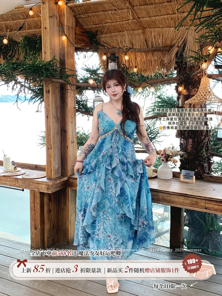 

Original Vacation Style Camisole Dress With Waist Cinched Fairy Summer Long Beach Dress