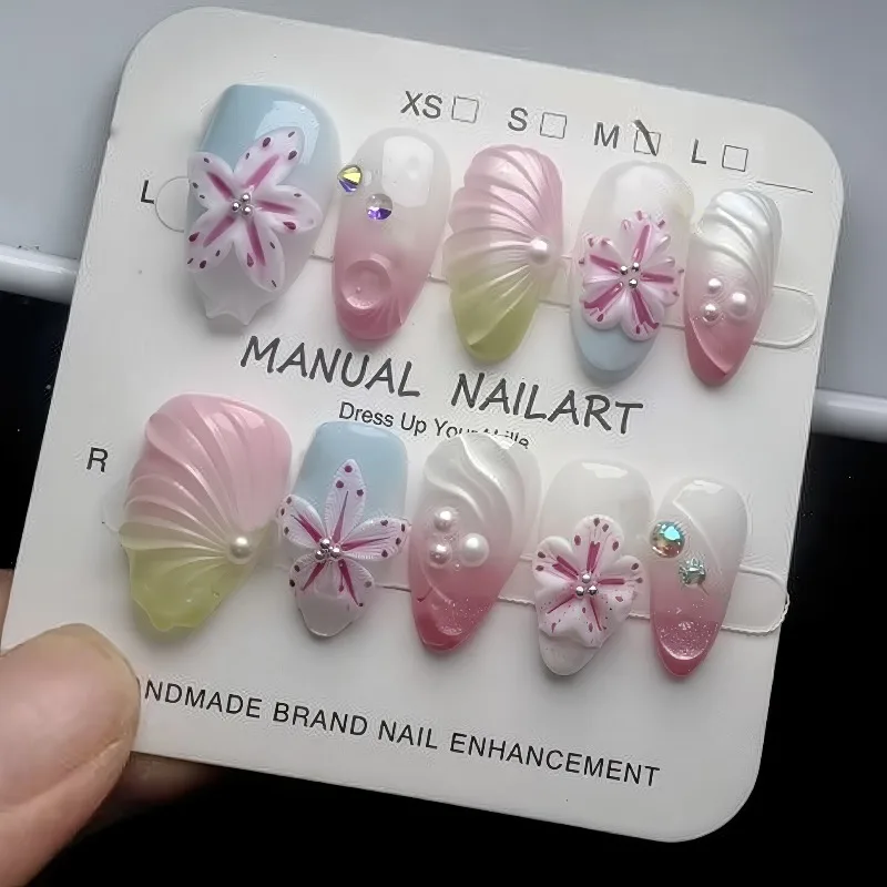 

24PCS Spring Summer Almond Press on False Nails 3D Sweet Pink Flowers Ripples Green French Fake Nails for Women with Pearl Nails
