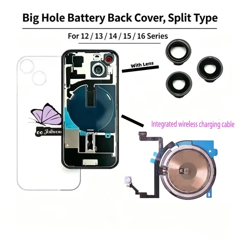 joliwow Back Glass Replacement Cover For iPhone 12 13 14 15 Pro Max, Rear Glass Housing With Wireless Flex Cable & Metal Plate