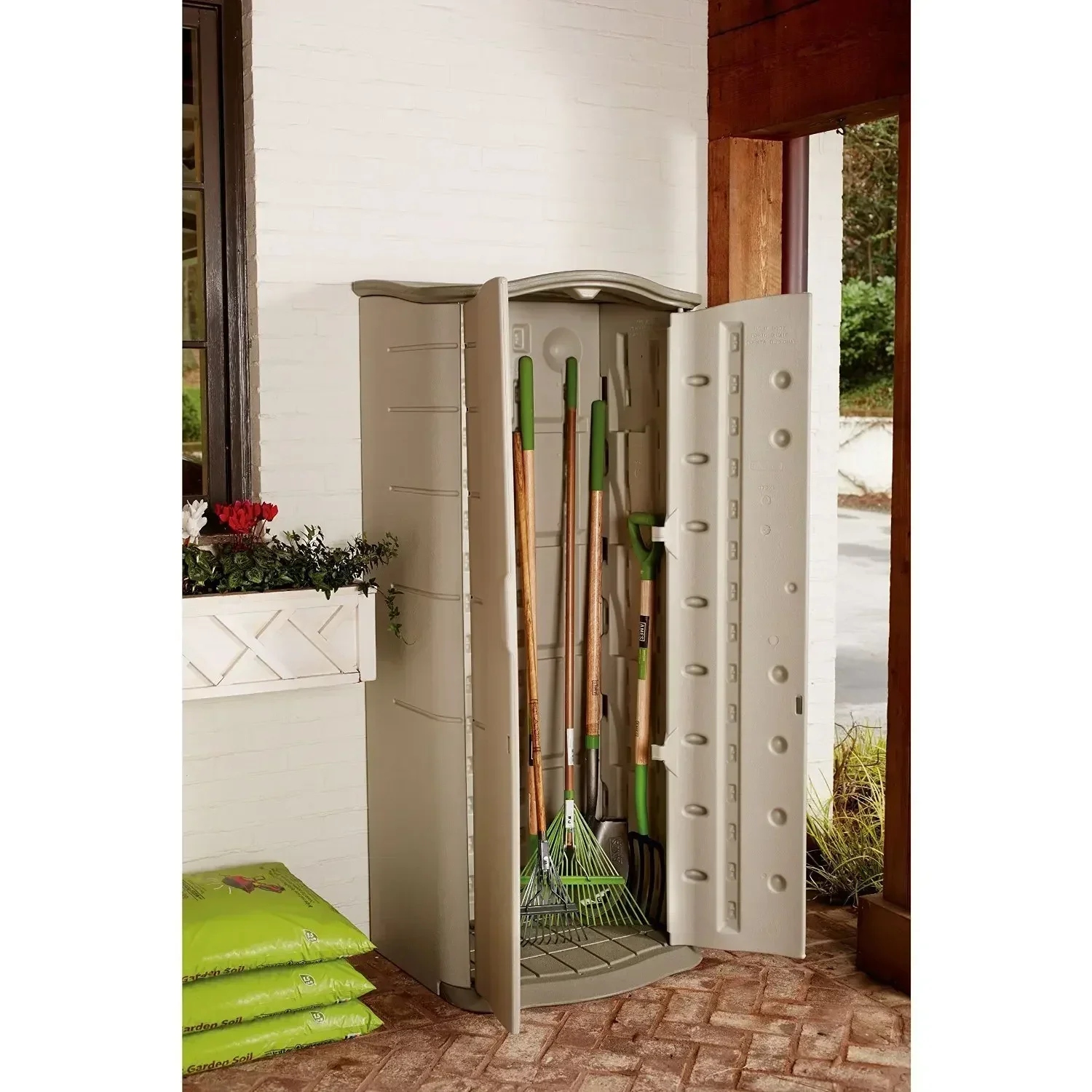 Rubbermaid-Vertical Resin Weather Resistant Outdoor Storage Shed, Olive and Sandstone, 2x2.5 ft