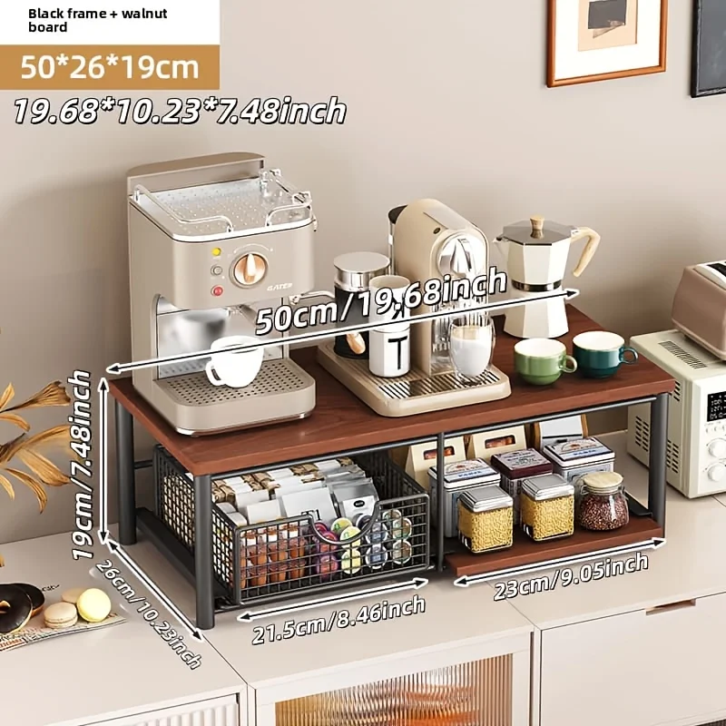 

Double-tier Kitchen Worktop Storage Rack; Wooden Microwave and Coffee Machine Stand with Pull-out Drawers; Space-saving Storage