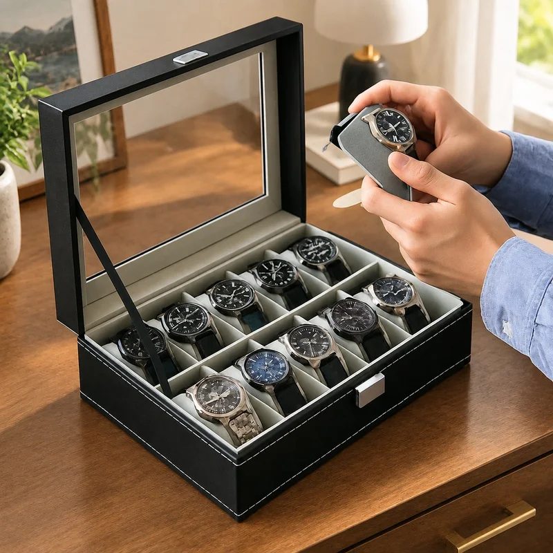 PU Leather Jewelry and Watch Organizer Box with Glass Lid, Multi-Compartment Storage for Men (2-12 Slots)