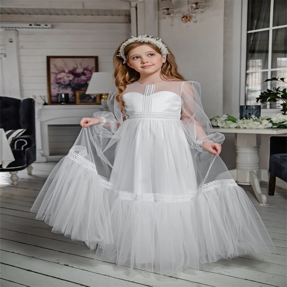 Robe à fleurs en tulle blanc pour filles, en dentelle perlée, pour mariage, pour fête d'anniversaire, cadeau pour enfant