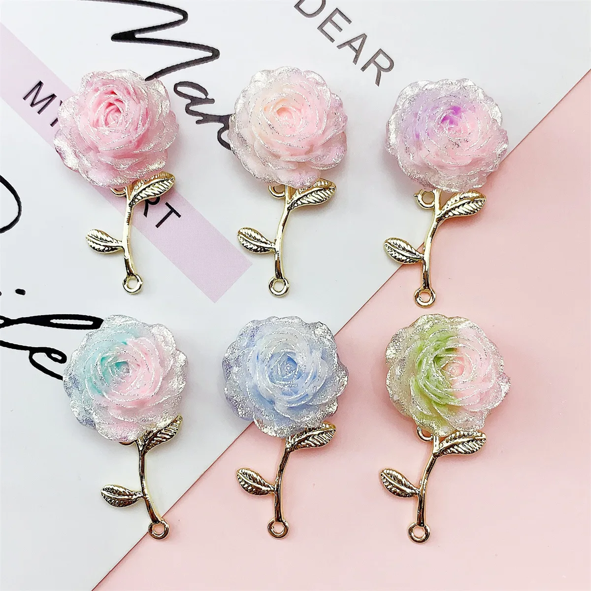 

16pcs Mix Color Resin Solid Two Colorful Rose Pendant for Jewelry Making DIY Necklace Bracelet Accessories