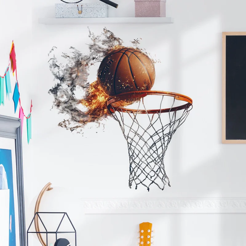 3D Fire Basketball Hoop Wall Stickers, Burning Basketball Through Net Teen Boys Bedroom Decor