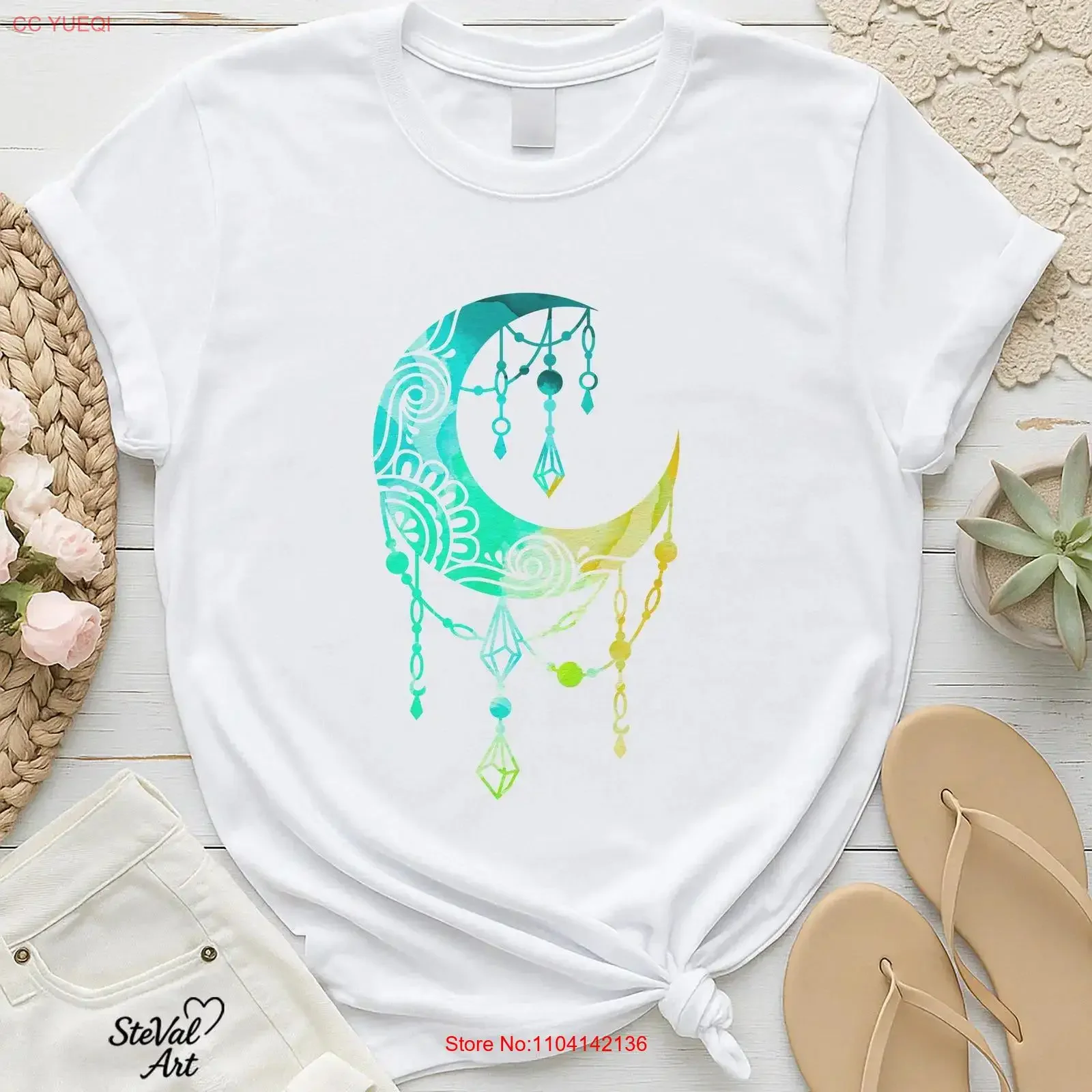 Boho Crescent Moon T Shirt Watercolor Mandala Design Hippie Celestial Bohemian Top Phase Lunar vintage Washed Stretched Stylish