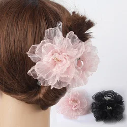 Pinces à cheveux en organza avec grande fleur pour femmes et filles, barrettes crabe, porte-queue de cheval transparent, pinces à cheveux, accessoires de mode