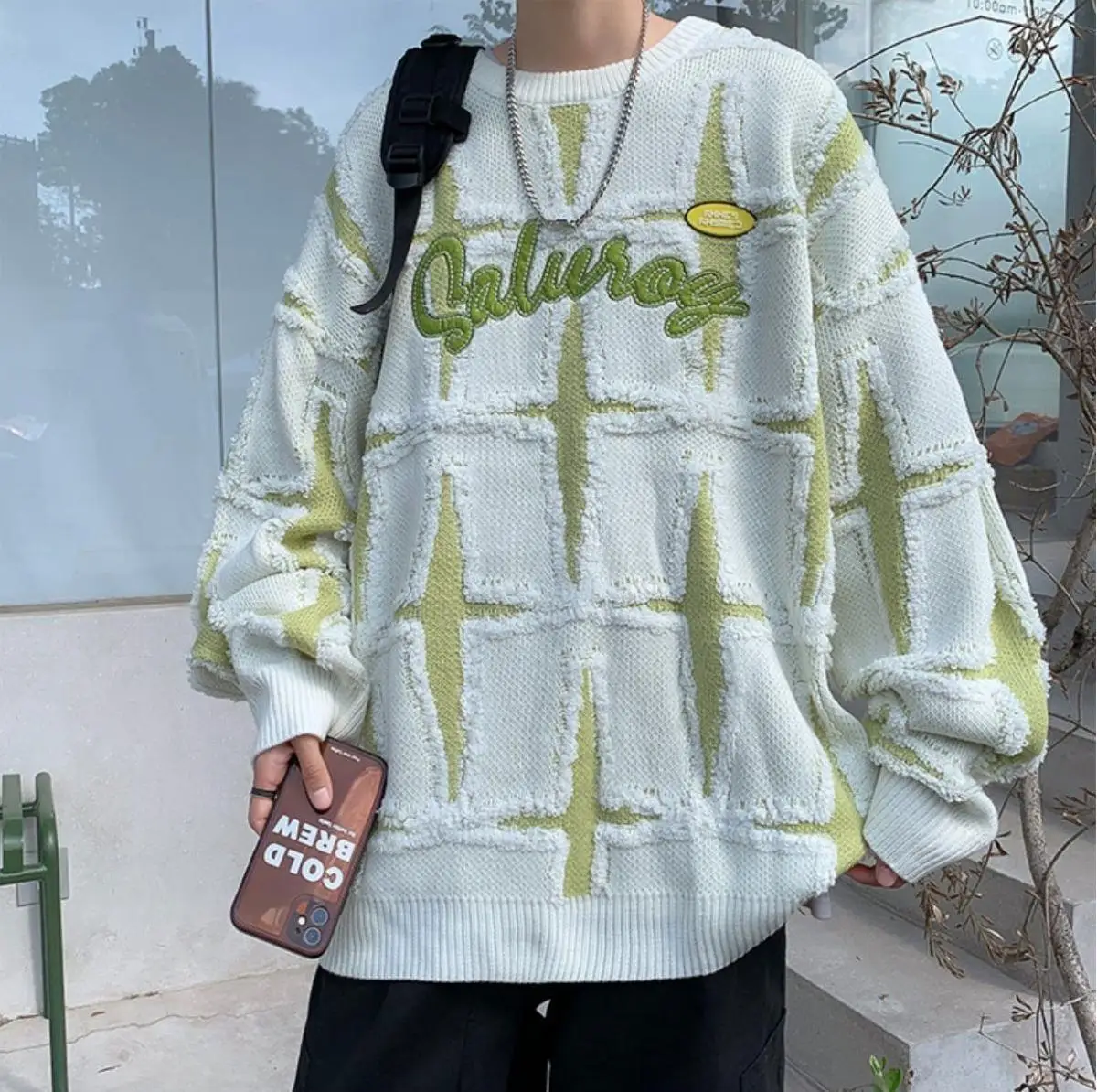 

American retro high street star sweater for men, loose for spring and autumn, laid-back oversized Japanese knitted coat