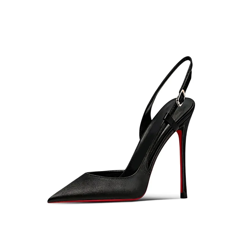 New 12cm Black Satin Pointed High Heels for Women, Ultra Fine Heels, One Line Buckle Strap, Back Headless Sandals for Women