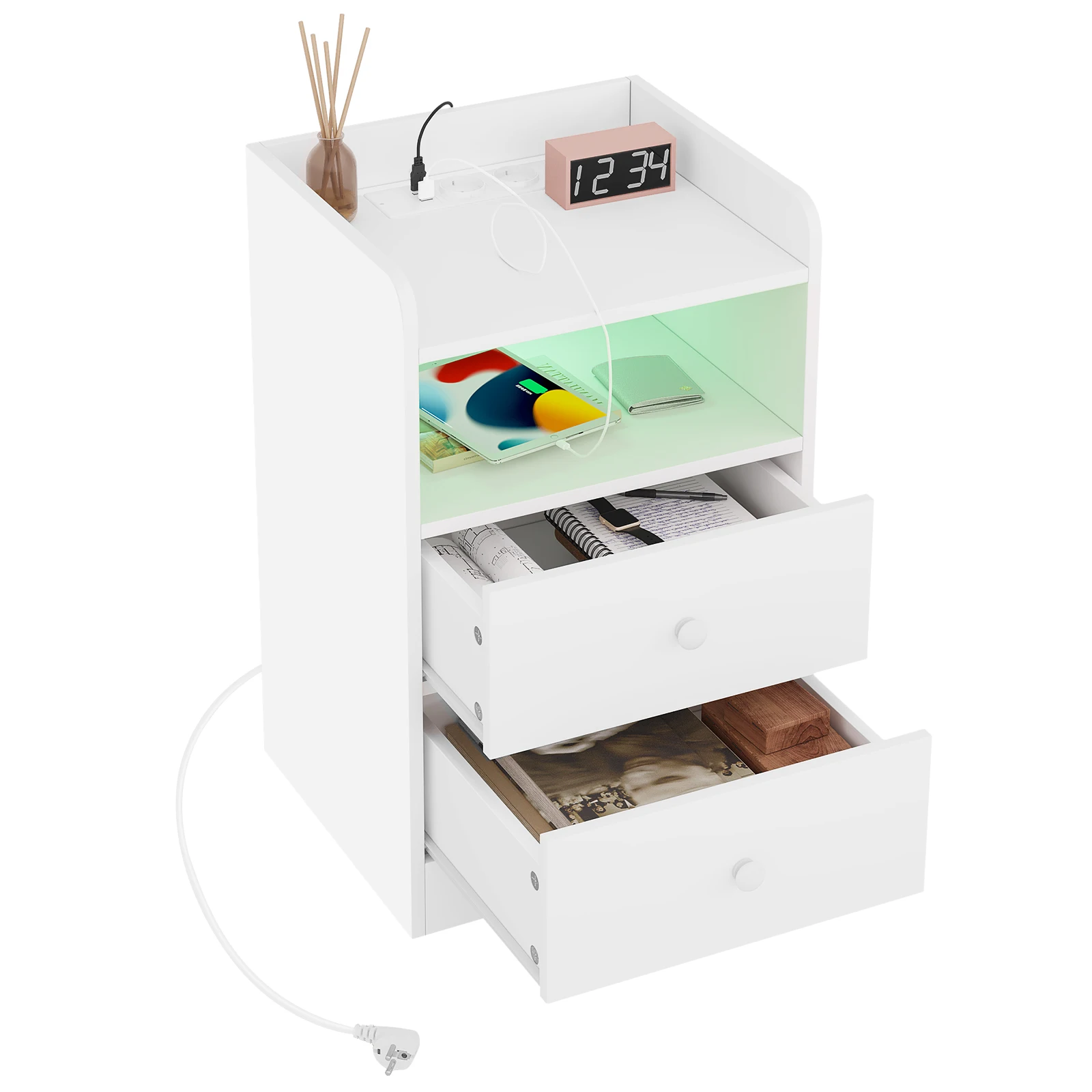 WOLTU Nachttisch, Nachttisch mit Ladestation, USB-Steckdosen, Anschlüsse, Beistelltisch mit LED-Licht, Bettüberzugs-Tisch, Schlafzimmer-Tisch aus Holz – Detail 6