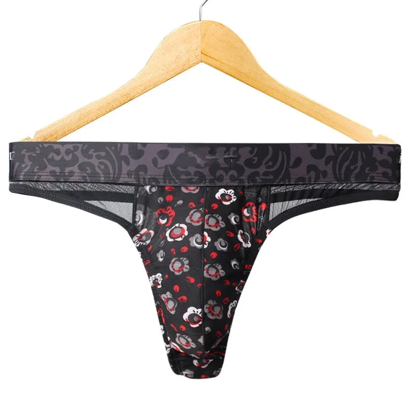 Summer Sexy Men Thong Transparent Printed Ice Silk Mesh G-string Hollowed Out T-back Thin Low Waist Elastic Underwear