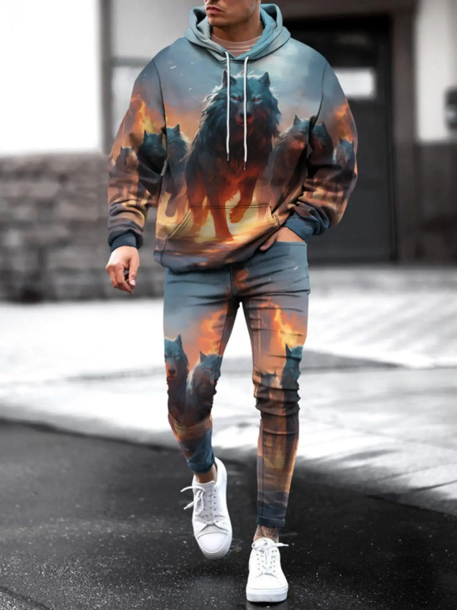 Men\'s 3D Printed Novel Wolf Hoodie Set Adult Two piece Sportswear Sweatshirt Casual Street Sweatpants Suit Men Women Universal