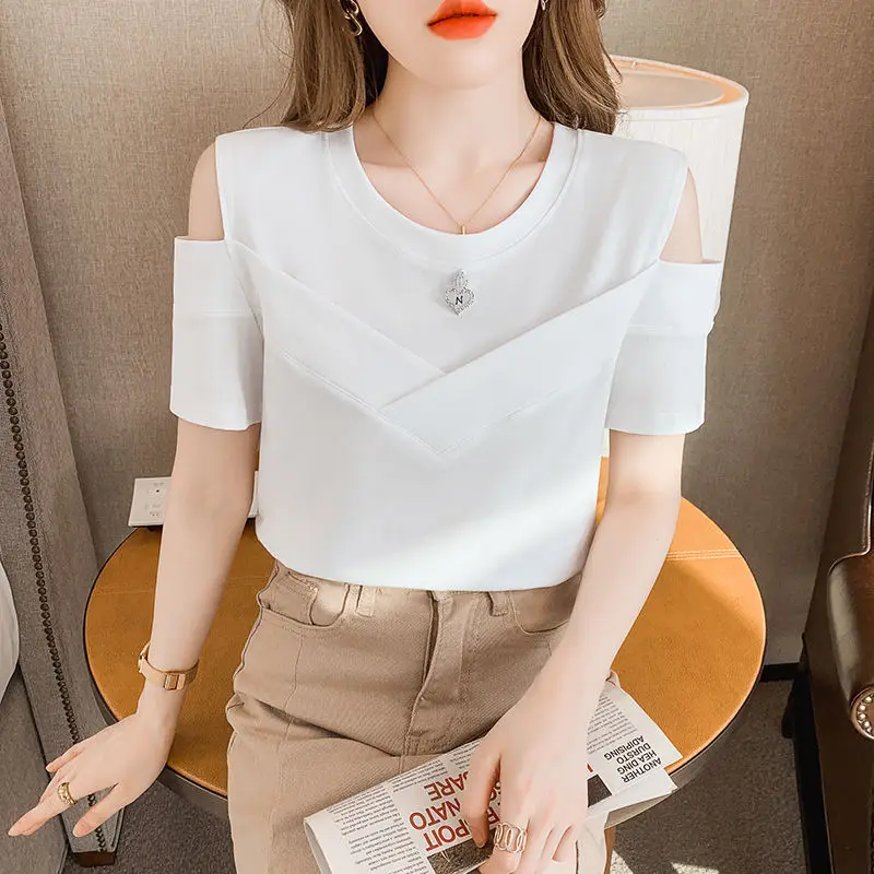 Fashion O-Neck Spliced Diamonds Off Shoulder T-Shirts Women Clothing 2024 Summer Loose Korean Solid Color Tops Casual Tee Shirt