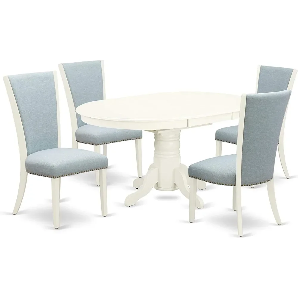 5 Piece Set Includes an Oval Kitchen Table with Butterfly Leaf and 4 Baby Blue Fabric  Dining Chairs|