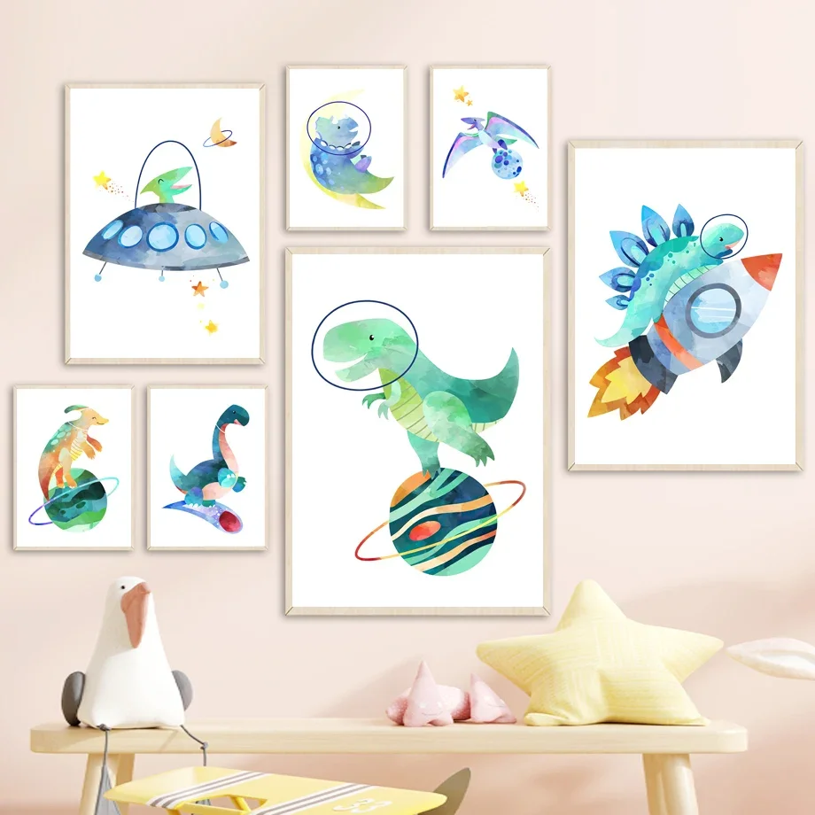 Cartoon Dinosaur Rocket Planet UFO Star Wall Art Minimalist Aesthetics Print Canvas Painting for Living Room Modern Home Decor
