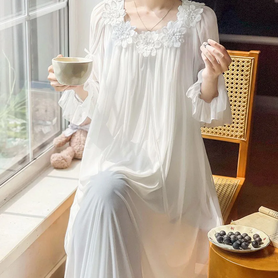 White Flower Fairy Princess Sleepwear Long Sleeve Mesh Pajamas Nightgowns for Women Autumn Spring Vintage Nightdress Home Suit