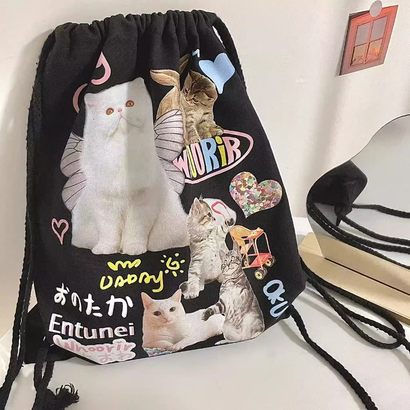 Y2k Aesthetic Casual All Match Backpack Japanese Cartoon Chic Drawstring Schoolbags Women Harajuku Vintage Cat Print Canvas Bags