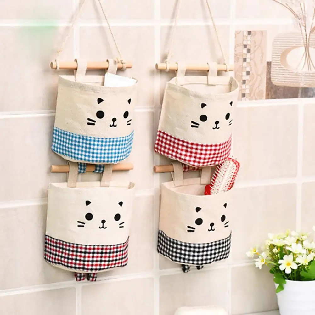 Home Kitchen Door Wall Hanging Organizer Pocket Bag Sundries Storage Holder Cat Decor Cotton Flax Wall Pouch with Lanyard