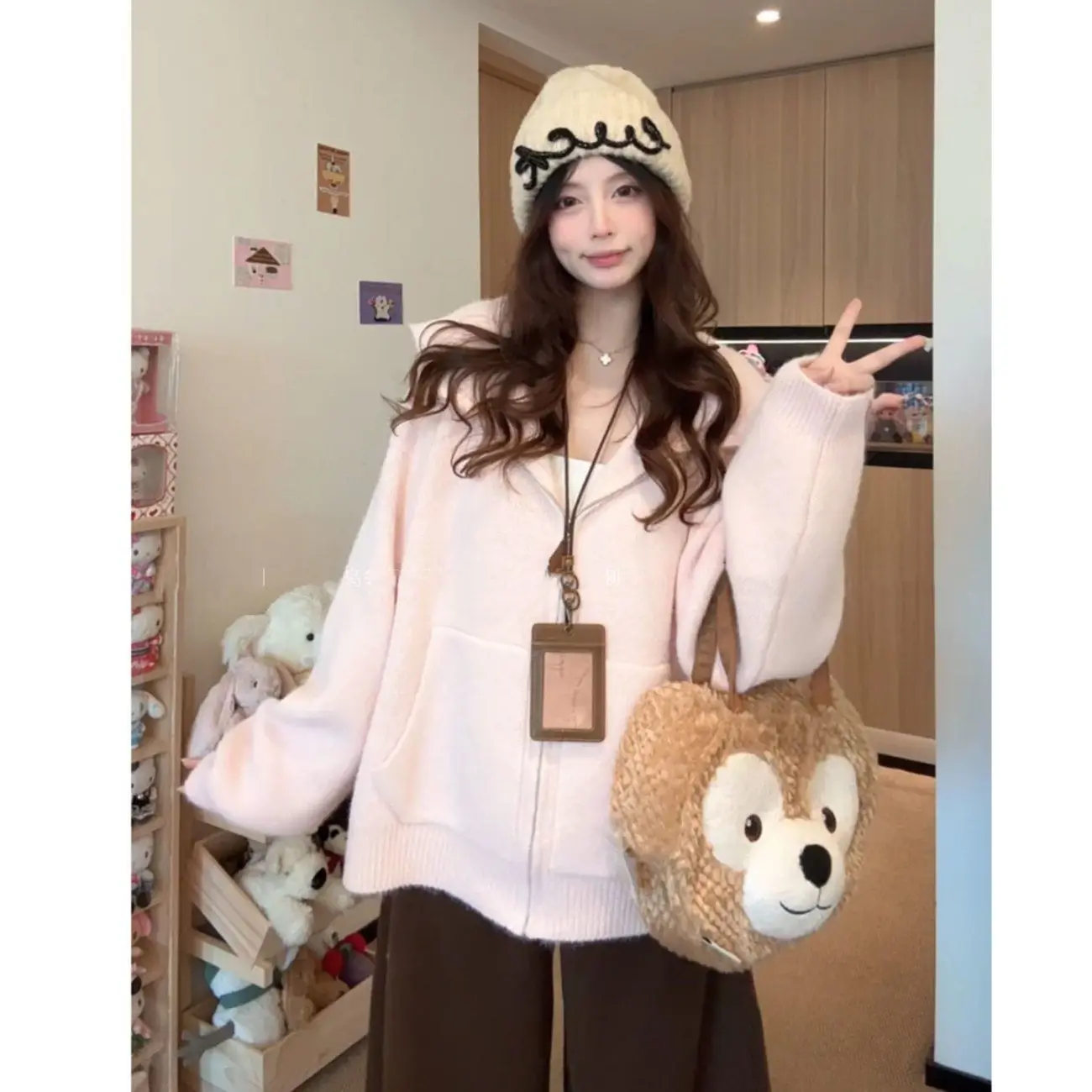 French Vintage Elegant Half Zip Up Hooded Knit Cardigan Women Oversized Soft Thick Warm Loose Fit Casual Streetwear Outfit 2026
