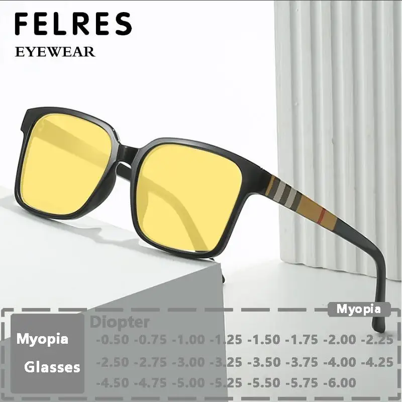 

Square Yellow Lens Night Vision Women Myopia Glasses Sunglasses TR90 Stripe Female Computer Eyeglasses Driving Glasses -1.5 -2.0