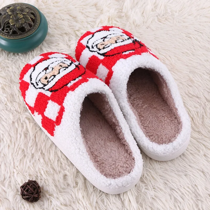 New Red Santa Claus Fluffy Plush Cotton Slippers, Xmas Holiday Party Thick Sole Warm Indoor Bedroom Shoes for Men Women Couple