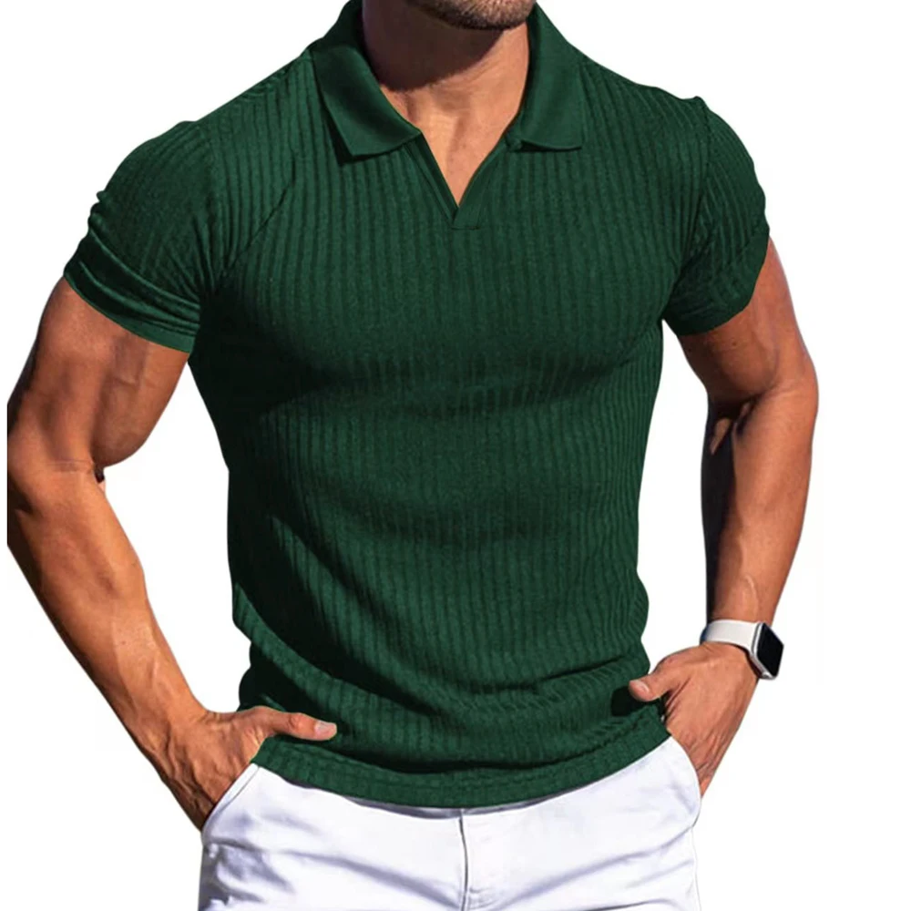 Men Turn Down Collar Short Sleeve Slim T-shirts Summer Male Solid Knitted Tee Tops LXDZ-KJ-P6-V