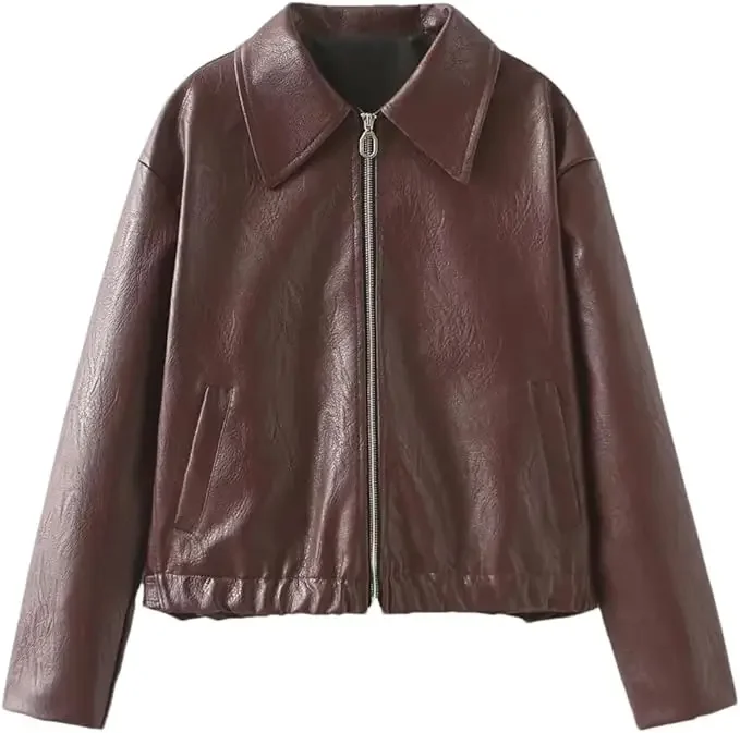 Veste en cuir monochrome pour femme, col rabattu, manches longues, poches, fermeture éclair, combat court, streetwear chic, vêtements d'extérieur pour femme, nouveau