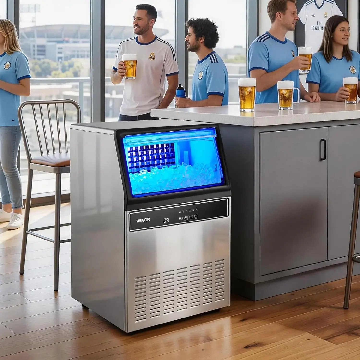 Commercial Ice Maker Machine, 120 lbs/24H Ice Production, 33 lbs Storage Bin, 45 Cubes per Cycle, Stainless Steel Under Counter