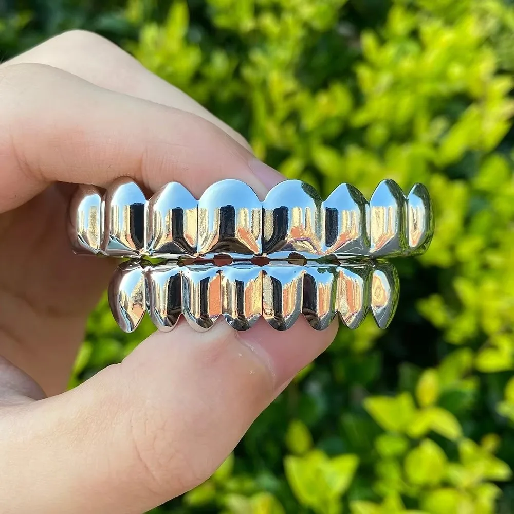 Glossy Finish Teeth Grillz Top Bottom Set Eco-friendly Copper Anti Slip Teeth Grillz Caps Silver Gold Teeth Jewelry Party
