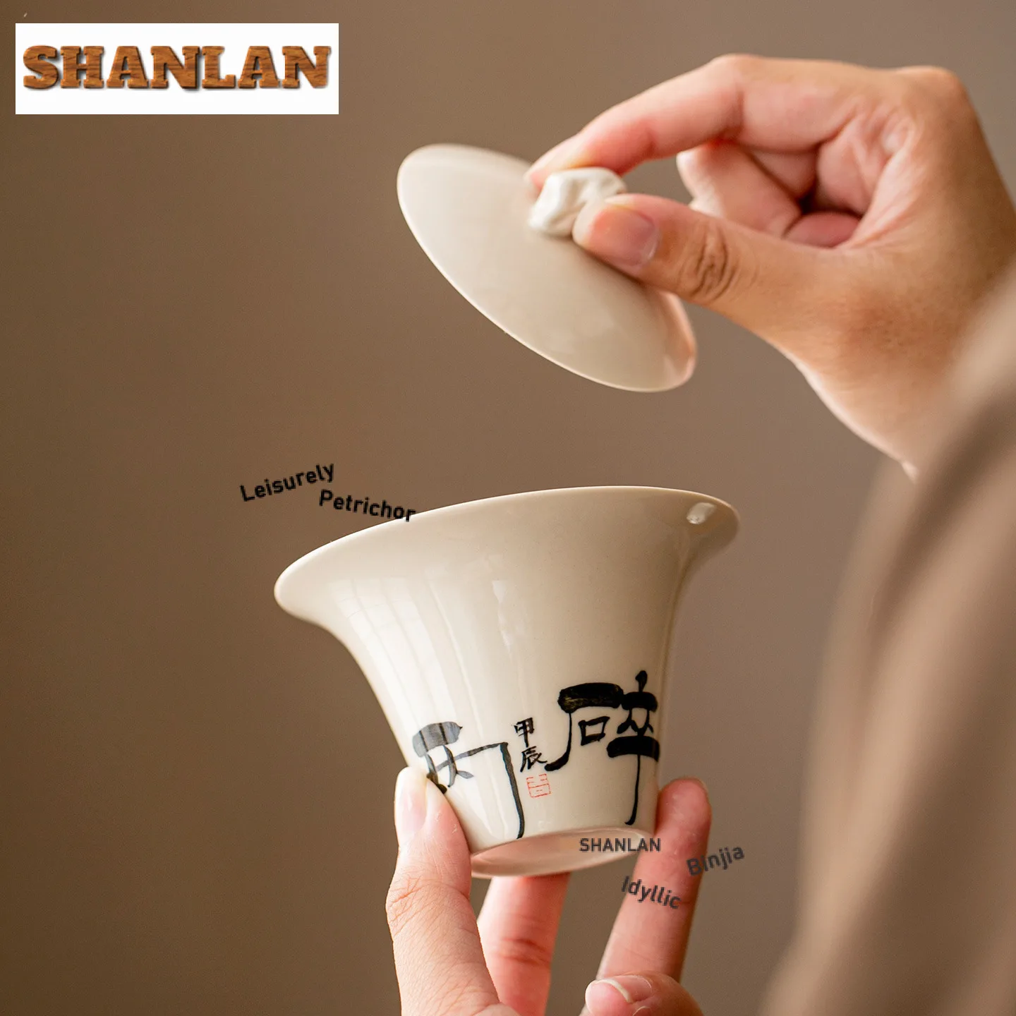 120ml Plant Ash Handwritten Calligraphy Gaiwan Tea Tureen Tea Bowl With Lid Kit Tea Maker Cover Bowl Chinese Tea Ceremony Craft