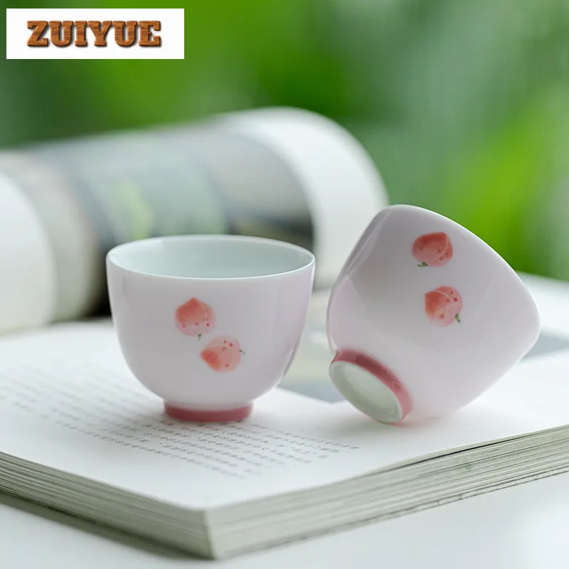 2pc/set Pure Hand-painted Pink Peach Tea Cup Apricot Powder Gazle Thin Tire Msater Cup Handmade Small Host Cup Mug Teaware 65ml