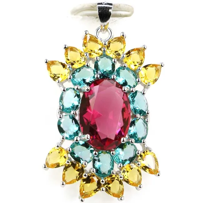 39x23mm 5.4g Multi Color Golden Citrine Tourmaline Swiss Blue Topaz Aquamarine Smoky Topaz CZ 925 Solid Sterling Silver Pendant