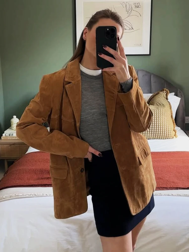 

Retro Suede Blazer Coat Women Solid Single Breasted Lapel Long Sleeve Loose Jacket 2025 Autumn Winter High Street Lady Outerwear