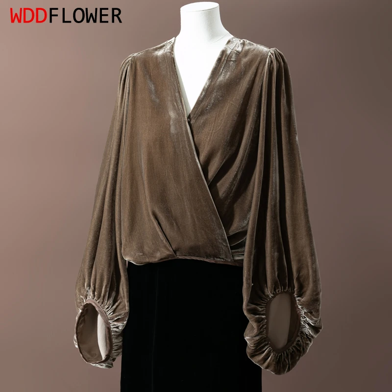 Women Silk Velvet Shirt 100% Mulberry Silk Lining Dark Camel Blouse Top V Neck Loose Type Long Sleeve Cardigan Office Lady M1227