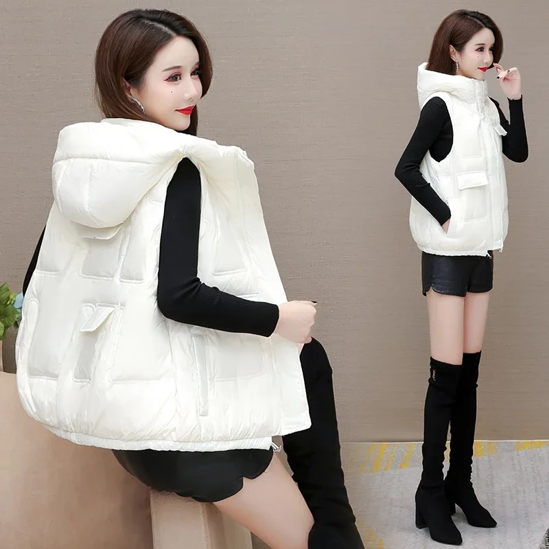 

Warm Quilted Vest With Hood For Women Casual Winter Outerwear Long Sleeve Top With Pockets And Zipper Closure