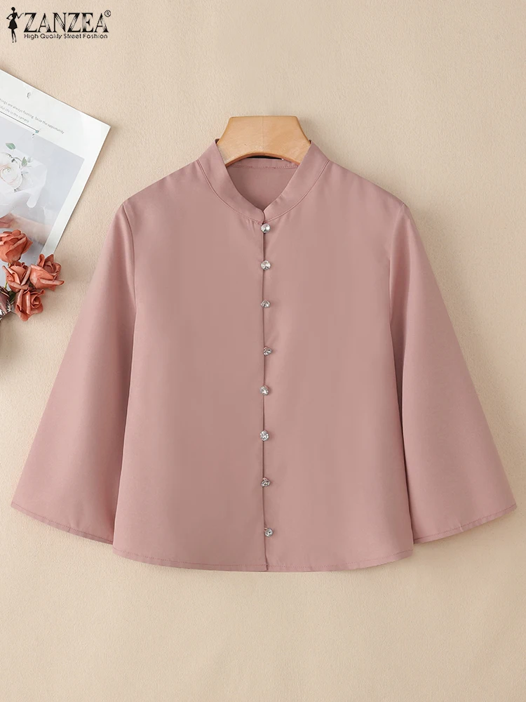 

ZANZEA 2022, офисные рубашки, женские осенние однотонные блузки для работы, элегантные топы со стоячим вырезом и рукавами 3/4, повседневные блузки на пуговицах, оверсайз