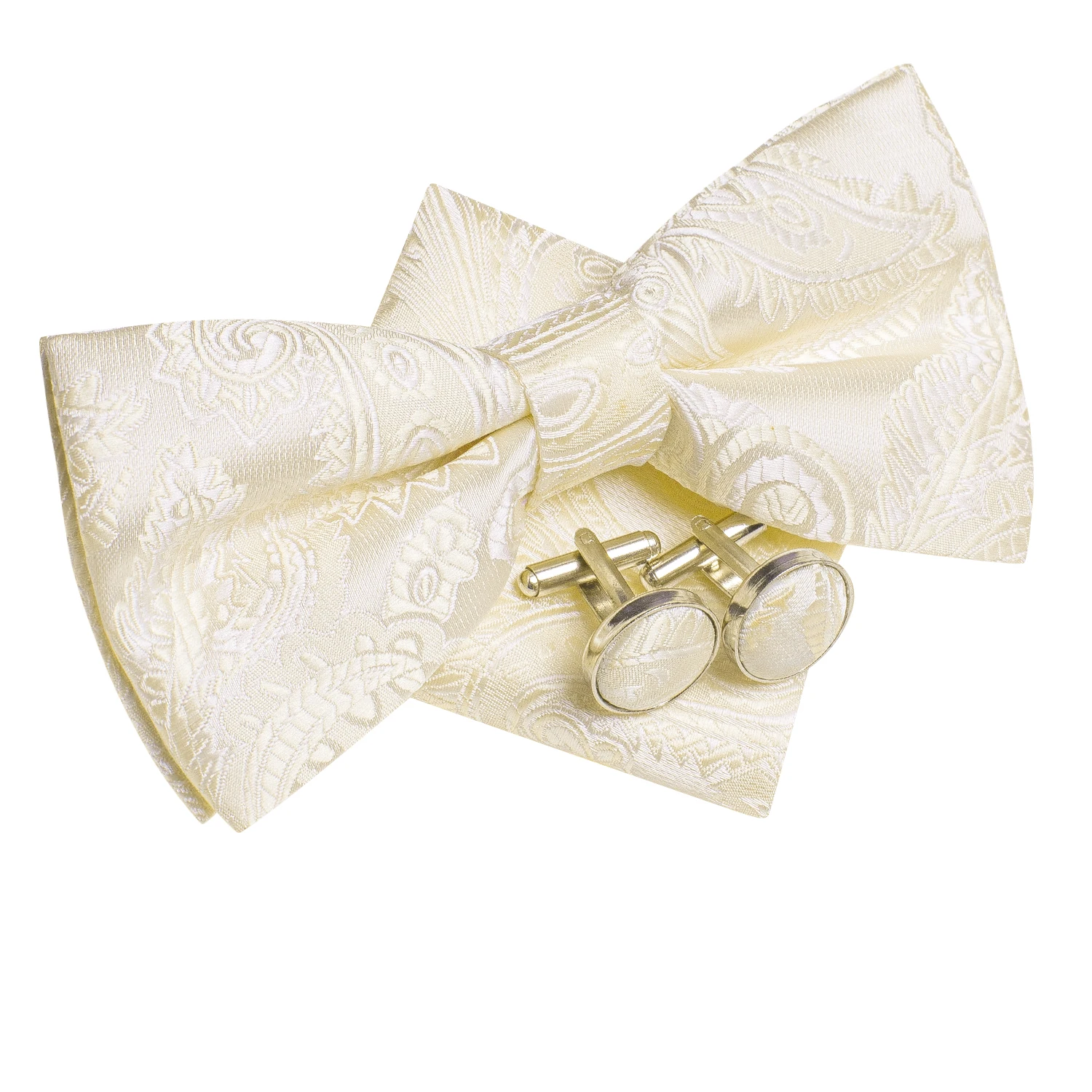 Hi-Tie Beige Champagne Gold Mens Bow Tie Hanky Cufflinks Set Pre-tied Butterfly Knot Bowtie for Male Wedding Business Gift