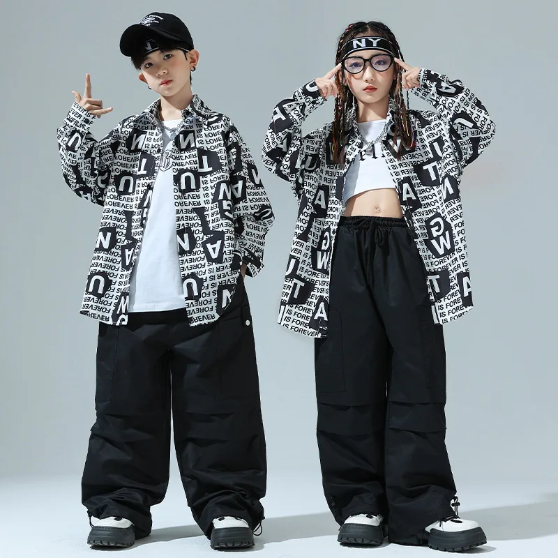 Kids Street Dance Costume Letter Printing Shirts Pants Sets for Boys Girls Long Sleeves Outfits Modern Jazz Stage Wear