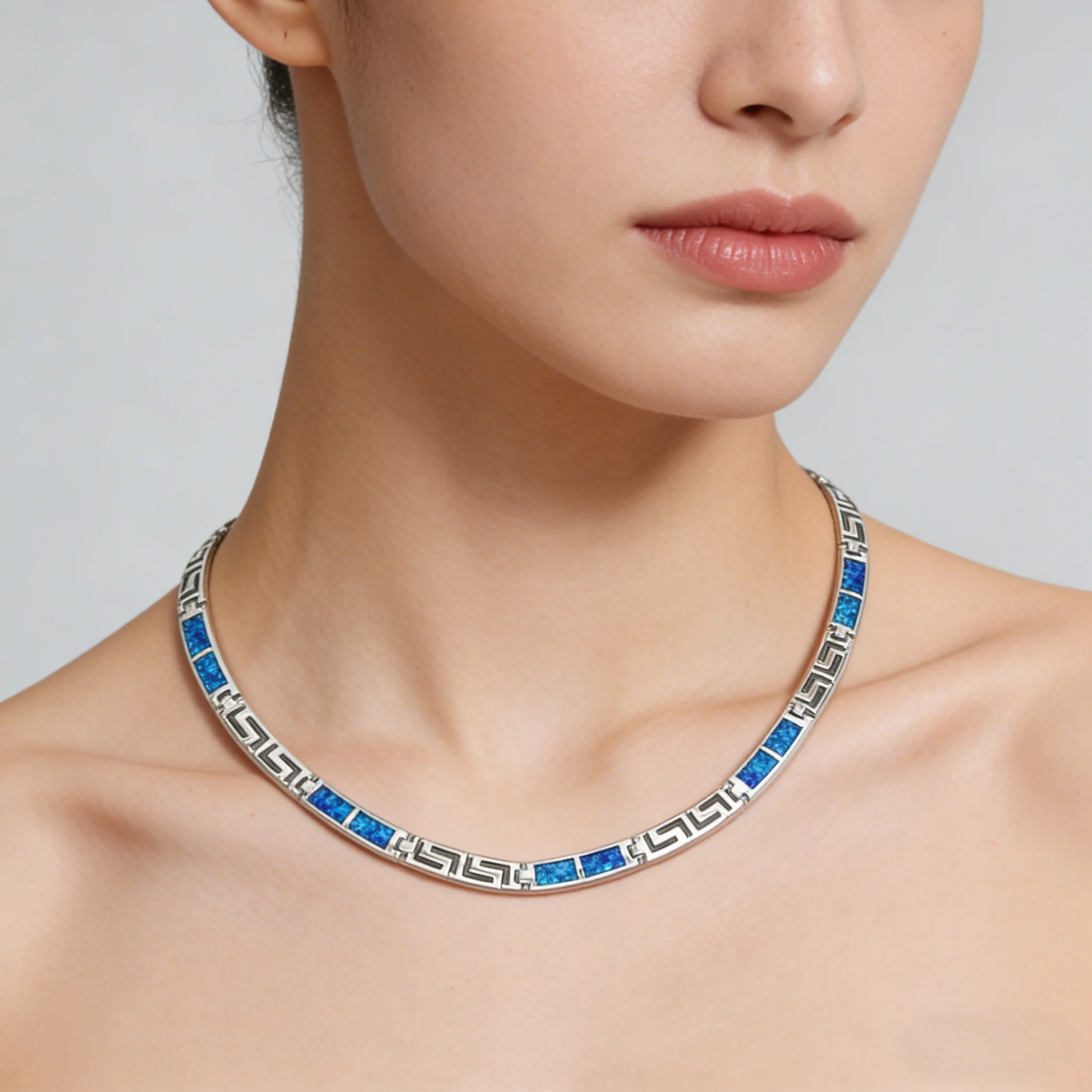 Greek Key Blue Opal Necklace for Women,Silver Color Chain Bohemian Fashion Jewelry - Elegant Pendant Gift Trendy Opal Accessory