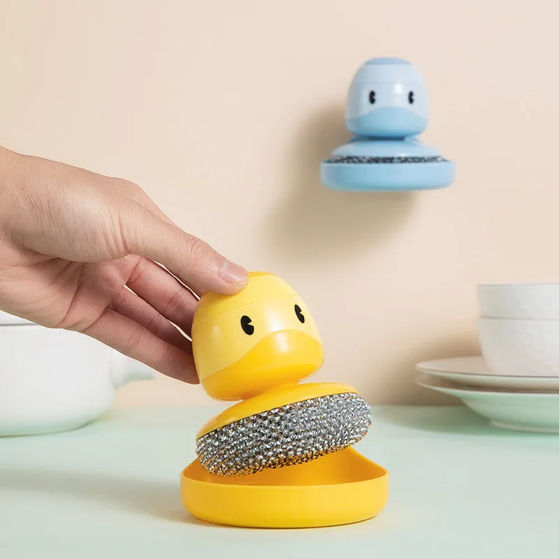 

Creative Cartoon Duck Cleaning Brush Household Press Type Automatic Liquid Adding Decontamination SteelWire Ball Brush Pot Brush