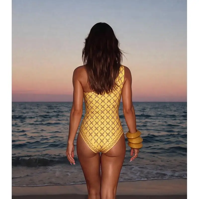 Summer Swimsuit And Skirt 2026 Flaxmaker Women Sexy One Shoulder Swimsuit Set Yellow Retro Printed Swimwear Biquini conjunto de