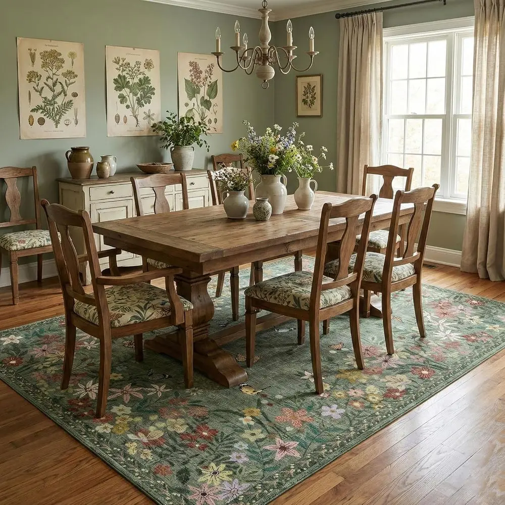 Green Floral Area Rug 4x6, Lightweight Non-Slip, Washable Boho Design for Living and Dining Rooms