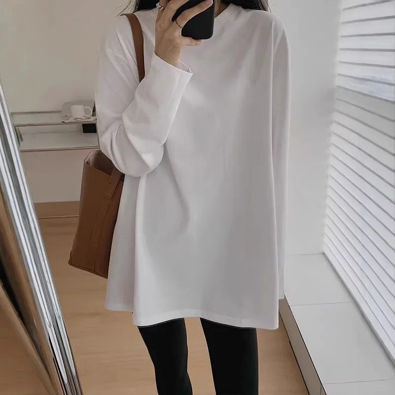 Solid Color Polyester T-Shirt Women Loose for crew Neck Long Sleeve Mid-Length for Yoga Cycling Beach Vacation Spring